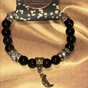 Deep blue Sandstone Beaded Bracelet with Crescent Moon Charm